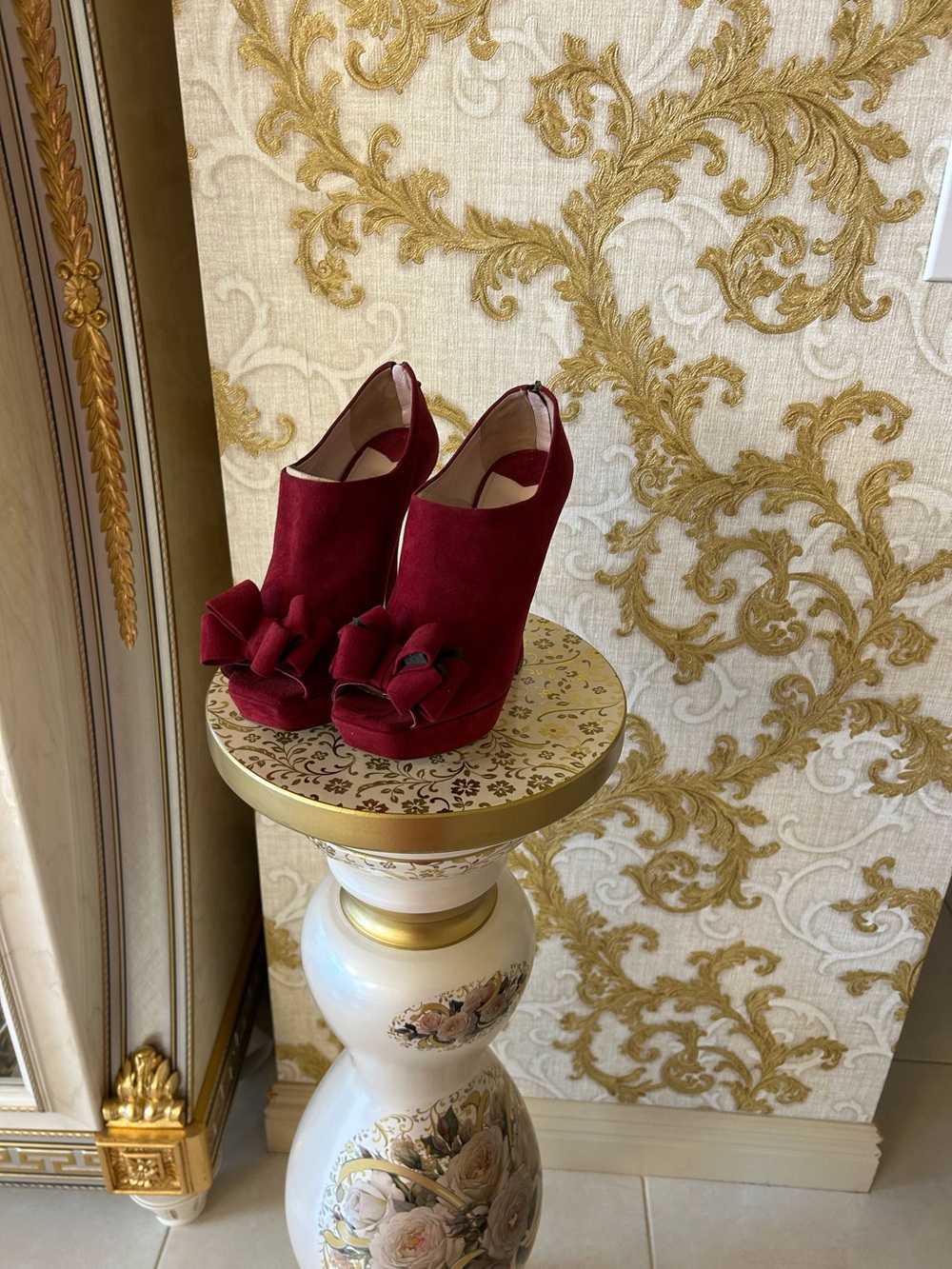 Miu Miu Burgundy Suede Peep-Toe Platform Heels with Bow - Picture 2 of 7